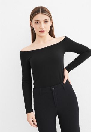 Only Langarmshirt ONLY ONLLIVELOVE LIFE LS OF SHOULDER JRS NOOS, Damen, Gr. L, schwarz, Jersey, Obermaterial: 95% Baumwolle, 5% Elasthan, unifarben, regula