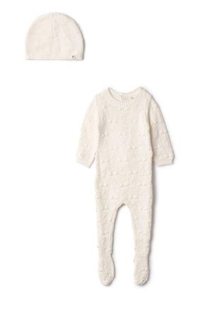 Fragile Knit Textured Romper and Matching Hat in Off White at Nordstrom, Size 6M