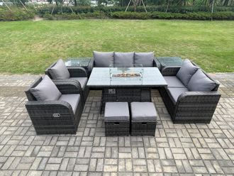 Fimous 9 Seater PE Wicker Outdoor Rattan Garden Furniture Set Propane Gas Fire Pit Table & Sofa Chair set with 2 Side Tables 2 Footstools in Dark Grey