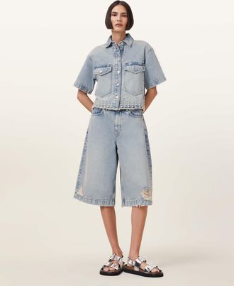 AllSaints Cotton Louie Wide Leg Denim Jorts, Size: 25