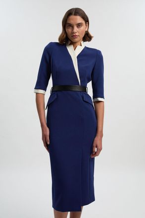 Karen Millen Womens Compact Stretch Tipped Tailored Belted Forever Midi Dress - Navy - Size 10 UK