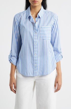 Beach Lunch Lounge Campbell Directional Stripe Long Sleeve Cotton Blend Button-Up Shirt in Blue Iguana at Nordstrom, Size X-Large