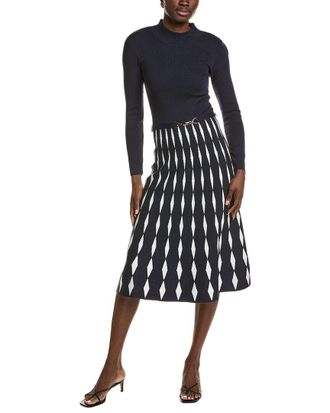 T Tahari Mock Neck Flared Diamond Jacquard Midi Dress