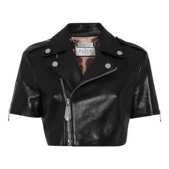 Philipp Plein Leren Cropped Biker Jack met Korte Mouwen - Dames - Leren en Su&egrave;de Jassen - Zwart - L - Leer - Jassen