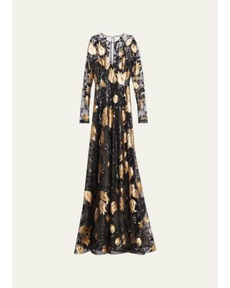 Naeem Khan Floral Sequined Long-Sleeve Illusion Gown