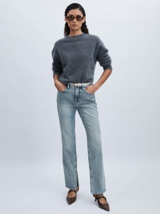 Good American Icon Inseam Slit Jeans Cotton Ruched, Light Indigo Size: 32