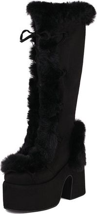 Generic Eestfy Womens Retro Platform Knee High Boots Suede Faux Fur Trim Chunky Heel Side Zip Winter Style for Cold Days Streetwear Outdoor Activities,Black,4