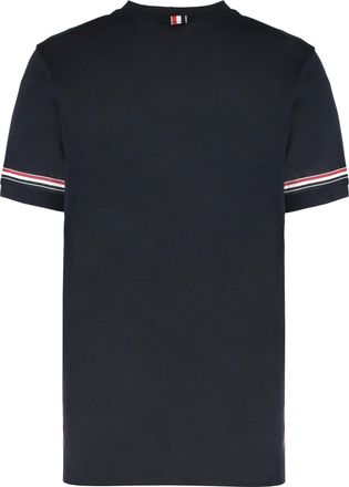 Thom Browne Mens Crew Neck Cotton T-Shirt With Striped Sleeves Blue T-Shirts And Polos