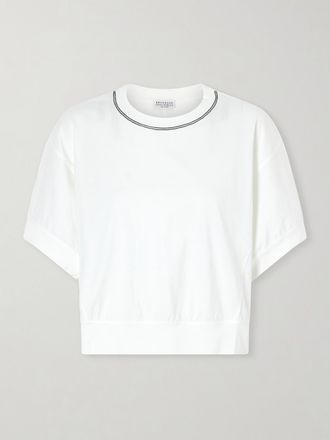 Brunello Cucinelli T-shirt In Jersey Di Cotone Con Perline - Bianco