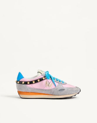 Valentino Garavani Stud Up Trainer In Split Leather And Nylon With Butterfly Embroidery Wo