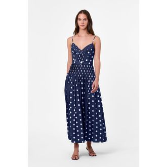 Nicholas Mireille Pintuck Dress in Navy Polka Dot at Nordstrom, Size 10