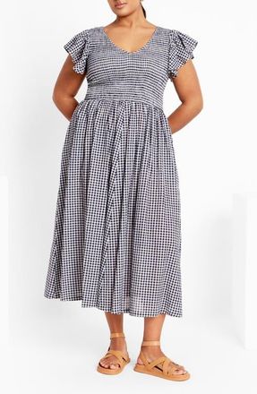 City Chic Laureli Gingham Flutter Sleeve Midi Dress in Navy Check at Nordstrom, Size Xs
