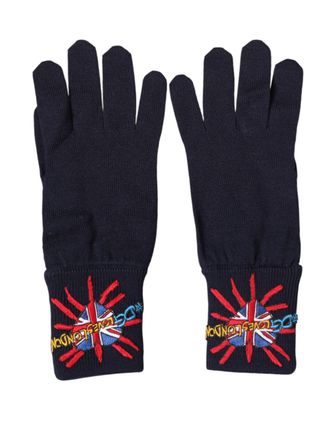 Dolce & Gabbana Mens Blue Wool Knit dgloveslondon Embroidered Mitten Gloves Virgin