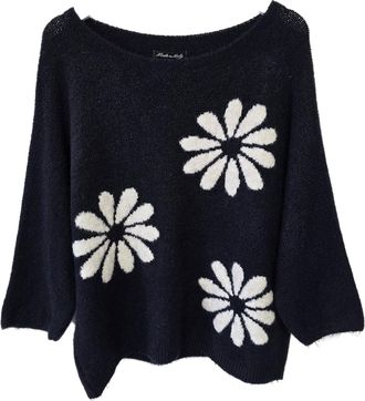 Generic Made in Italy Moda Fashion - Navy - Womens Wool Mix Lightweight Knit Jumper - Cosy Floral Pullover - One Size Fits UK 8-16