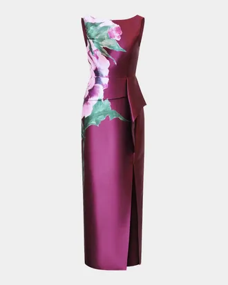 Kay Unger Luciana Satin Floral Column Gown