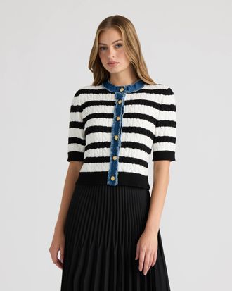 NVLT Womens Short Sleeve Cable Sweater with Denim Trim