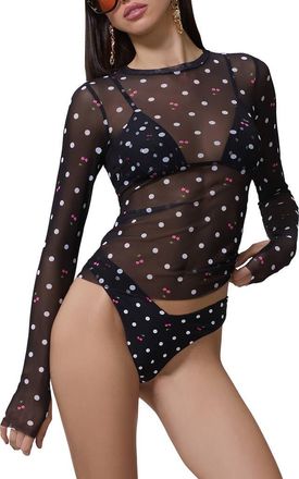 AFRM Kaylee Printed Long Sleeve Mesh Top in Cherry Dots at Nordstrom, Size X-Large