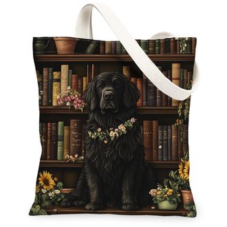 Generic Spring NewFoundland Dog Canvas Tote Bag for Shopping 13x15, Flower Bookshelf Puppy Reusable Grocery Print Bag for Women, Fun Pet Beach Aesthetic Paint