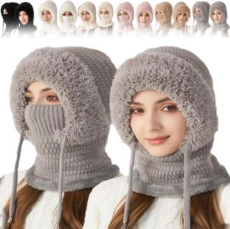 Generic 3 in 1 Beanie Hat with Scarf and Mask, 3 in 1 Beanie Hat for Women, Womens Outdoors Windproof Scarf Hat, Fleece Balaclava Ski Mask, Winter Warm Knitte