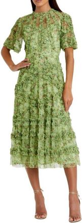 Mac Duggal Floral Flutter Sleeve Mesh Print Dress in Sage Multi at Nordstrom, Size 18