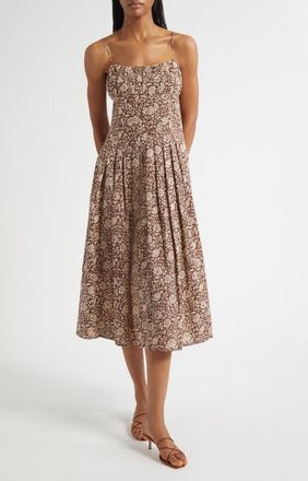Mille Tully Floral Pleated Cotton Midi Sundress in Cocoa Floral at Nordstrom, Size Xx-Small