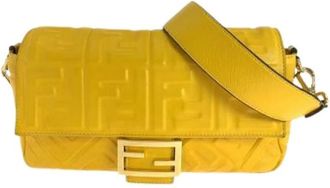 Fendi Pre-owned Shoulder Bags, female, Yellow, Size: ONE SIZE Pre-owned Mamma Baguette Zucca Leather Shoulder Bag