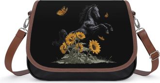 Generic Black Horse Sunflower Crossbody Bags for Women Leather Tote Bag Travel Purse Shoulder Bag for Work Shopping