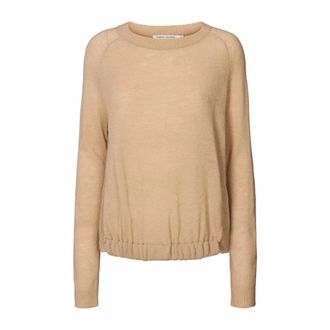 Rabens Saloner Zachte Gebreide Trui met Gerimpelde Zoom - Dames - Ronde hals truien - Beige - S - Wol - Truien & Vesten