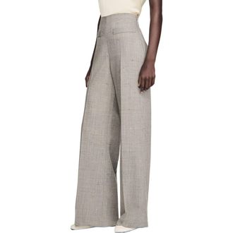 Sandro Wide-leg checked wool trousers in Greige at Nordstrom, Size 38 Eu