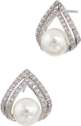 Savvy Cie Jewels Cubic Zirconia & Faux Pearl Stud Earrings in White Gold at Nordstrom Rack