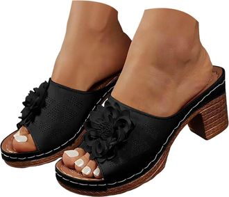 Generic Women Platforms Sandals Open Toe Leather Summer Slides Chunky Heels Solid Color Slip Lady Vintage Non Slip Breathable Walking Outdoor Casual Shoes (5.