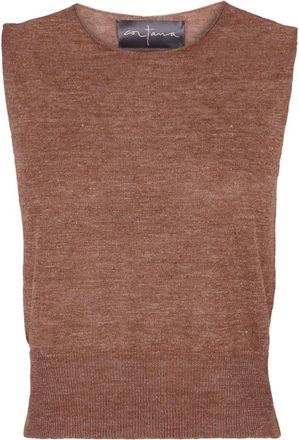 Cortana Clay Linnen Gebreid Vest - Dames - Ronde hals truien - Bruin - M - Linnen - Truien & Vesten
