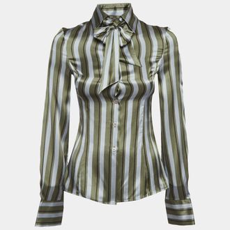 Emporio Armani Green/grey Striped Silk Detachable Bow Detail Shirt