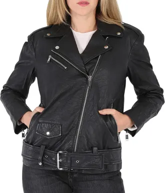 Michael Kors Ladies Crinkled Leather Moto Jacket in Black, Size Small