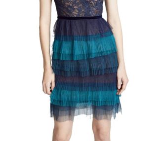 Marchesa Tiered Ruffle Short Sleeve Cocktail Dress With Tie In Blues