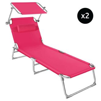 TecTake 2 tumbonas plegables con reposacabezas extra&iacute;bles y parasol, rosa