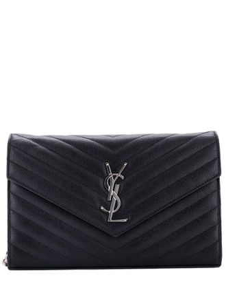 Saint Laurent Black Matelasse Chevron Leather Classic Monogram Wallet On Chain Medium (Authentic Pre-Loved)