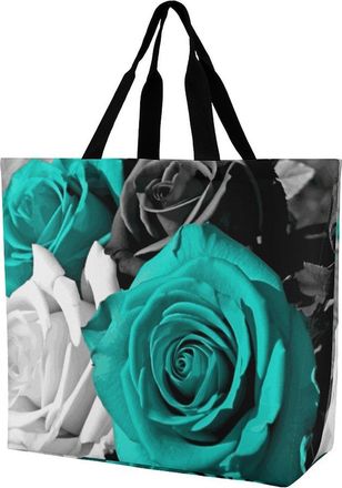 Generic Black White Teal Gray Rose Flowers Women Handbag Lightweight Tote Bag Large Capacity Shoulder Bags For Ladies Camping Picnic