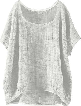 Generic Linen Tops for Women UK, Short Sleeve Crew Neck Bubble Hem Tunic Tops Oversized Baggy Blouses Summer Casual Shirts Ladies Cotton Linen T-Shirts White