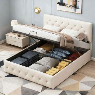 OEM Cama Litera - 140x200 Cm - Terciopelo Beige - Somier De Lamas Incluido - Almacenamiento Hidr&aacute;ulico 280 Kg
