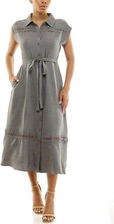 Nina Leonard Cap Sleeve Lace Trim Midi Shirtdress in Graphite at Nordstrom Rack, Size Medium