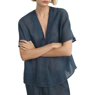 Mango Ramie Top in Ink Blue at Nordstrom, Size Small