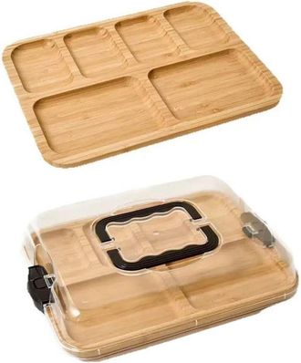 No Brand Plato De Bamb&uacute; De Seis Compartimentos Con Tapa Transparente, De Doble Cara, Para Servir Queso Y Aperitivos, Ideal Para Fiestas Y Picnics
