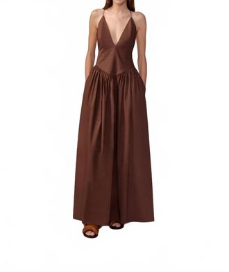 Adriana Degreas Opulence Deep V Neck Maxi Dress In Brown