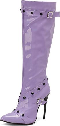 Generic Womens Patent Leather Knee High Boots with Rivet Pointed Toe Long Boots with Side Zipper Stiletto High Heel Party Prom Shoes,Purple,8.5 UK