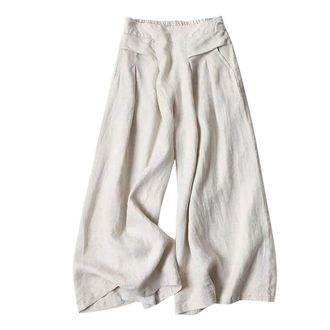 Generic Linen Trousers for Women UK - Womens Linen Cotton Wide Leg Trousers Womens Summer Holiday Baggy Pant Elegant Boho Palazzo Pants Elasticated Waist Jogg
