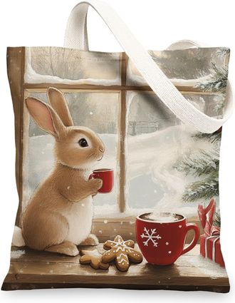 Generic Winter Christmas Bunny Rabbit Canvas Tote Bag for Shopping 13x15, Gingerbread Xmas Animal Reusable Grocery Print Pattern Bag for Women, Holiday Beach 