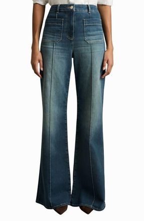 Reiss Sakura Pintuck Patch Pocket Wide Leg Jeans in Mid Blue at Nordstrom, Size 25
