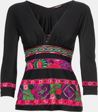 Roberto Cavalli Black Floral Printed Jersey V-Neck Top