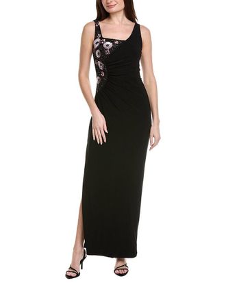 Adrianna Papell Asymmetrical Floral Beaded Jersey Gown